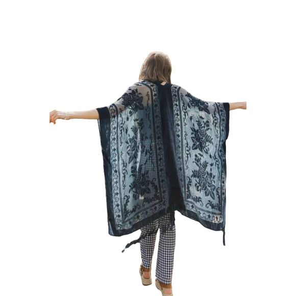 Floral Velvet Burnout Tassel Kimono / Boho Floral Top - Picture 3 of 7